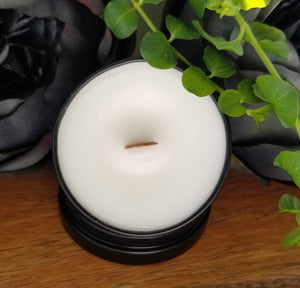 2 oz black tin candle with wood wick